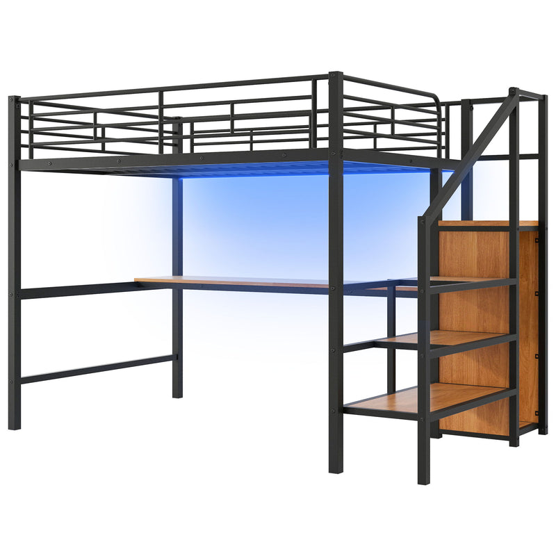 Loft Bed With Desk, Storage Staircase, Small Wardrobe And LED Light