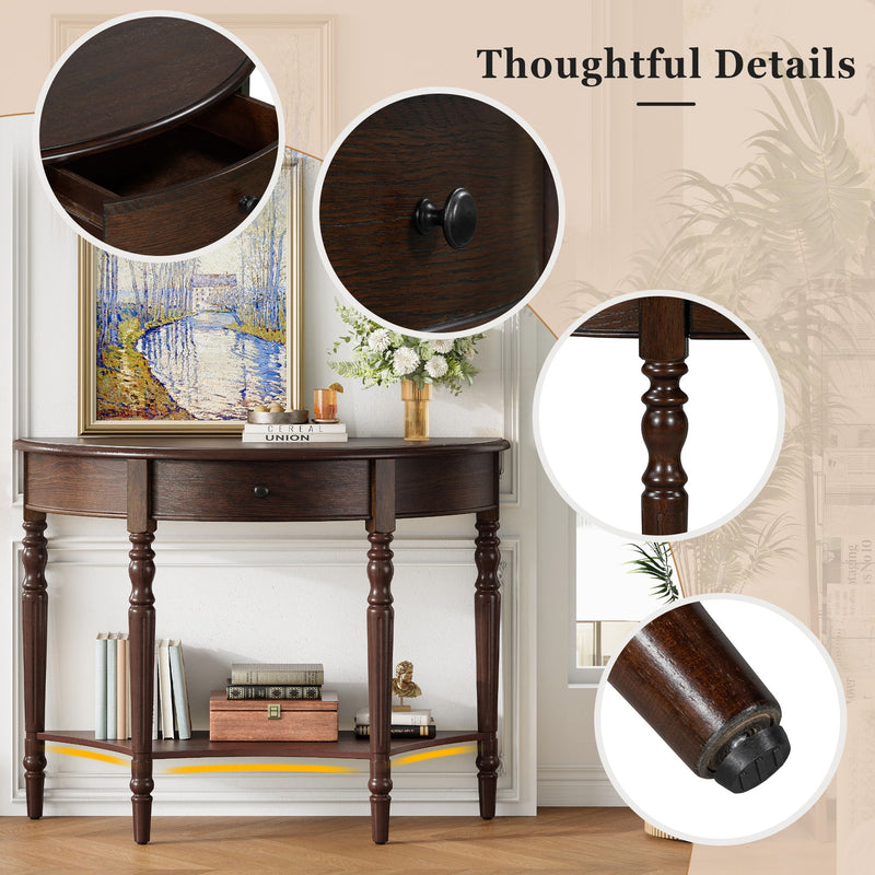 Half Moon Console Table With Drawer & Shelf