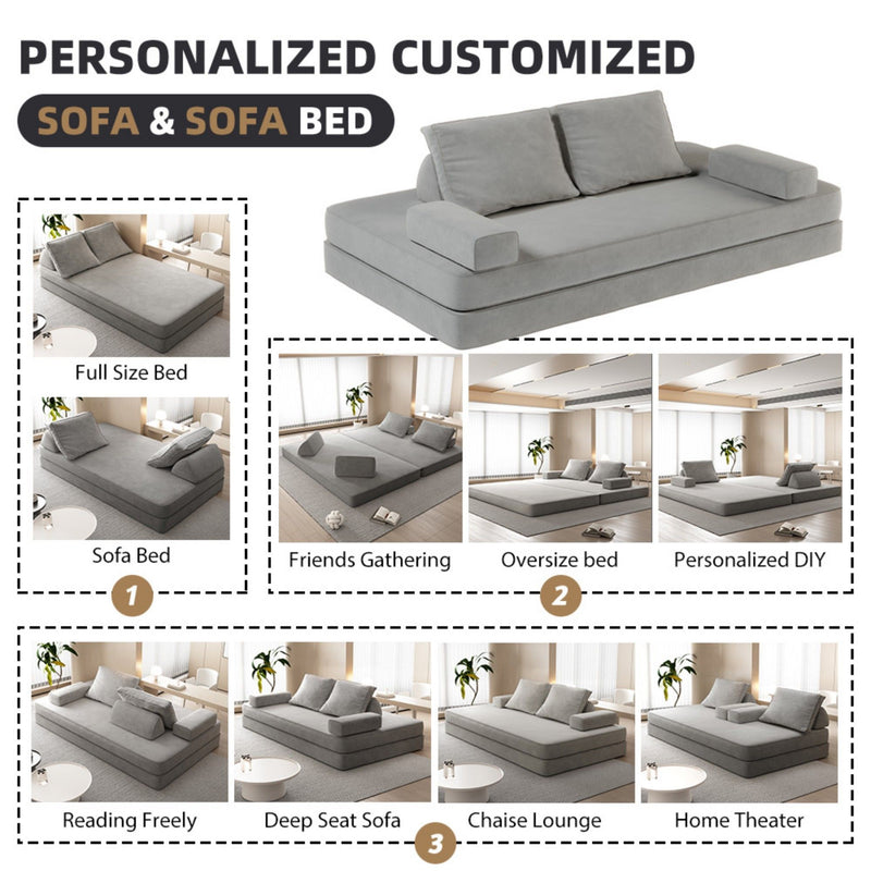 Multifunctional Convertible Sofa Bed With 2 Tumbler Backrests And 2 Pillows, Deep Seat Couch