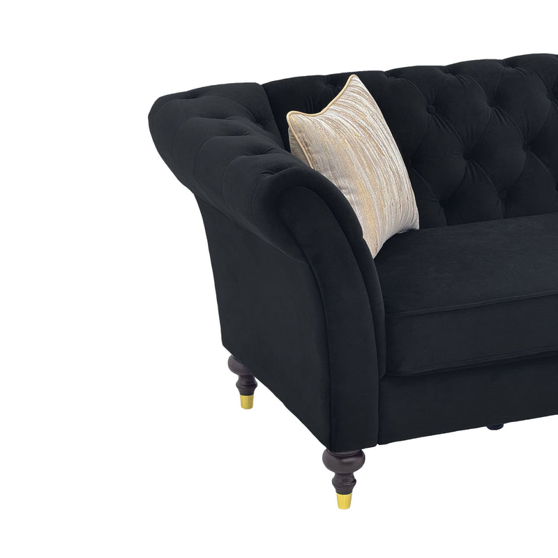 3 Seater Button Tufted Sofa With Rolled Arms, Living Room Couch With 2 Pillows - Black