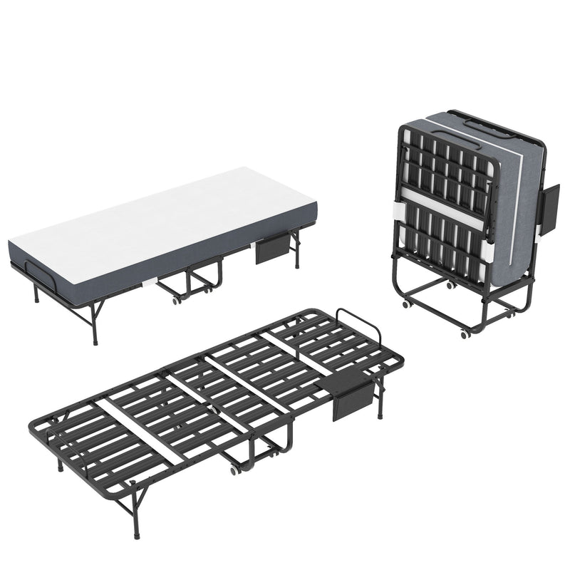 Twin Folding Bed With Memory Foam Mattress, Space Saving Rollaway Guest, On Wheels, Portable For Adults & Guests - Black