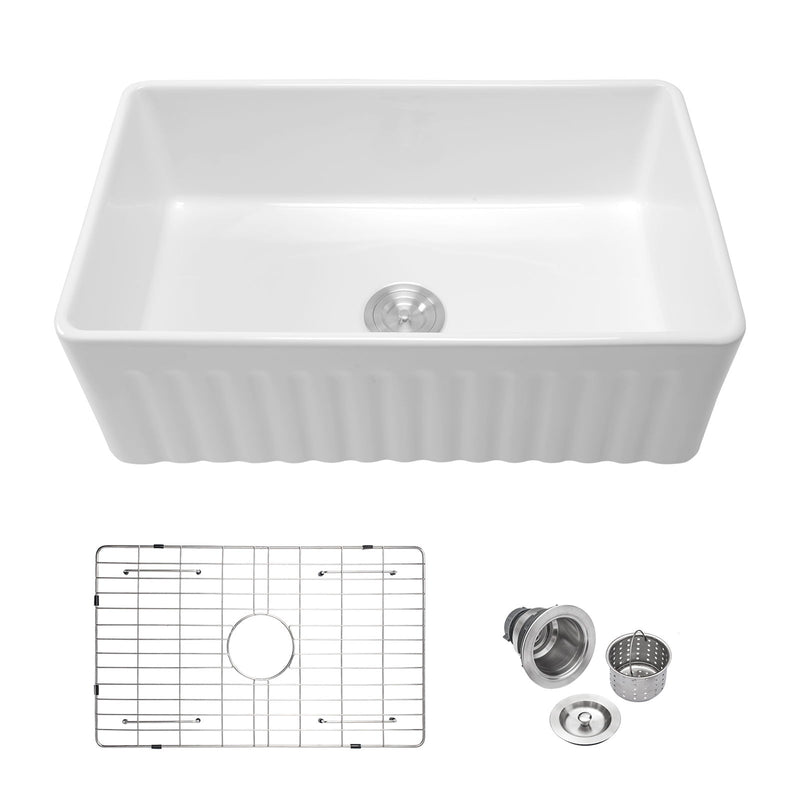 Ceramic Farmhouse Sink With Deep Basin And Stainless Steel Grid