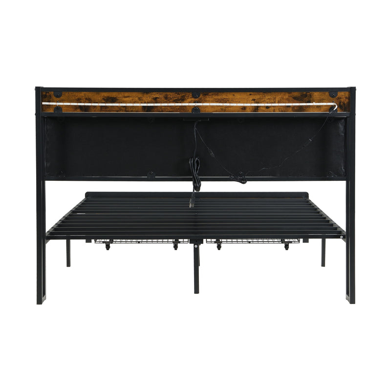 Modern Bed Frame With LED Lights, Upholstered Headboard, USB Charging