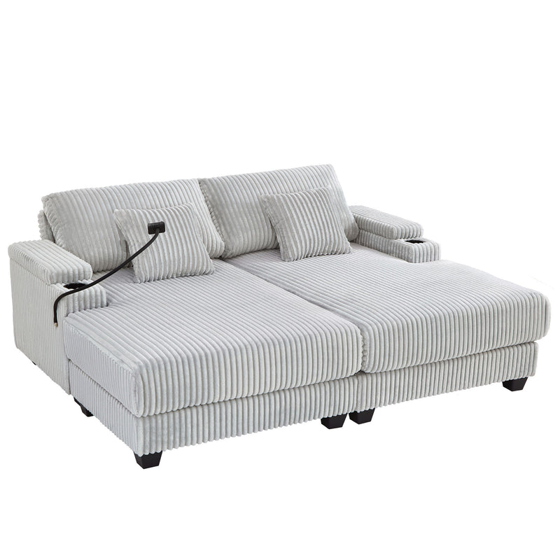Chaise Sofa With Adjustable Backrest, Cup Holders, Phone Holder & Storage Compartments For Living Room - Light Gray