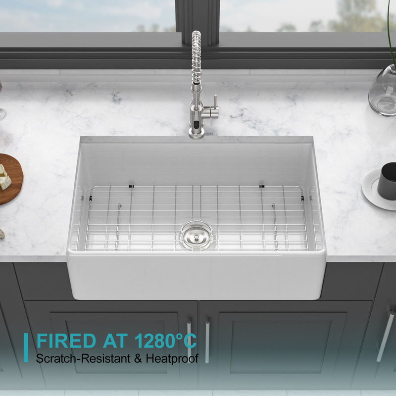 Ceramic Farmhouse Sink With Deep Basin And Stainless Steel Grid