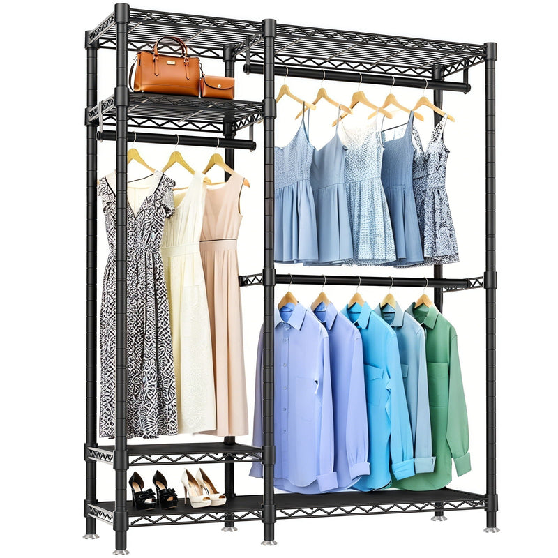 Freestanding Clothes Rack, With 6 Adjustable Wire Shelves And 3 Garment Rails - Black