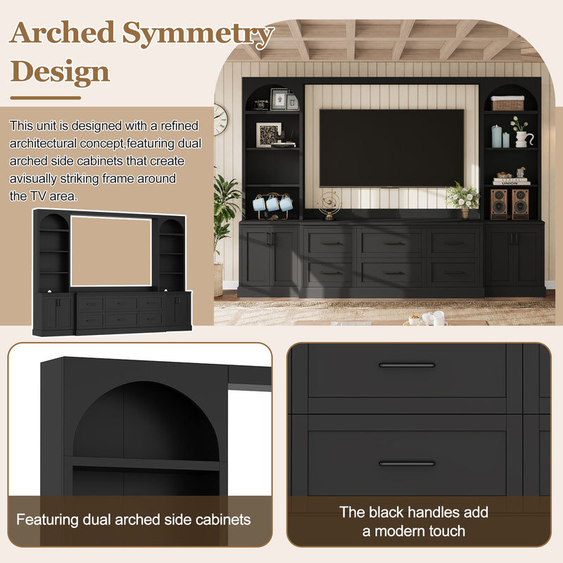 Arched Entertainment Center Wall Unit With 6 Drawers, Large TV Stand With Bookshelves