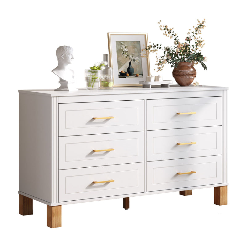 6 Drawer Double Dresser With Handles, Storage Cabinet - White