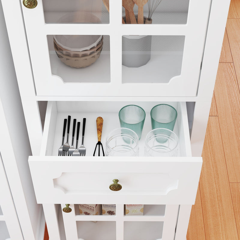 Storage Cabinet, Freestanding Curio Cabinet With Grid Doors & Drawer, Pantry Display Cabinet For Kitchen