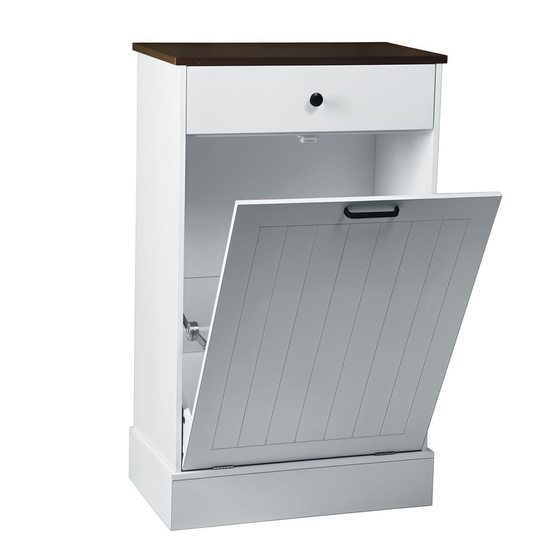 Tilt Out Trash Cabinet With Drawer, 10 Gallon Hamper - White
