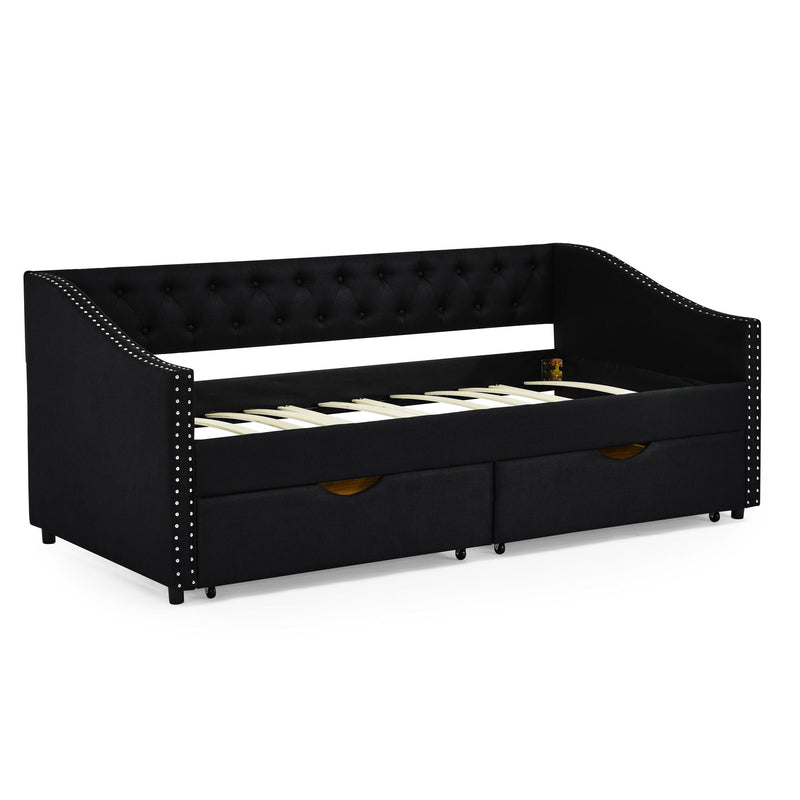 Upholstered Tufted Daybed With 2 Drawers, Waved Arms