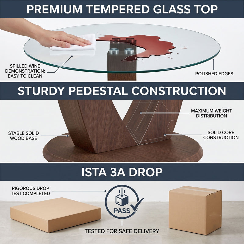 2 In 1 Round Glass Dining Table With Adjustable Curved Base, - Transparent / Walnut