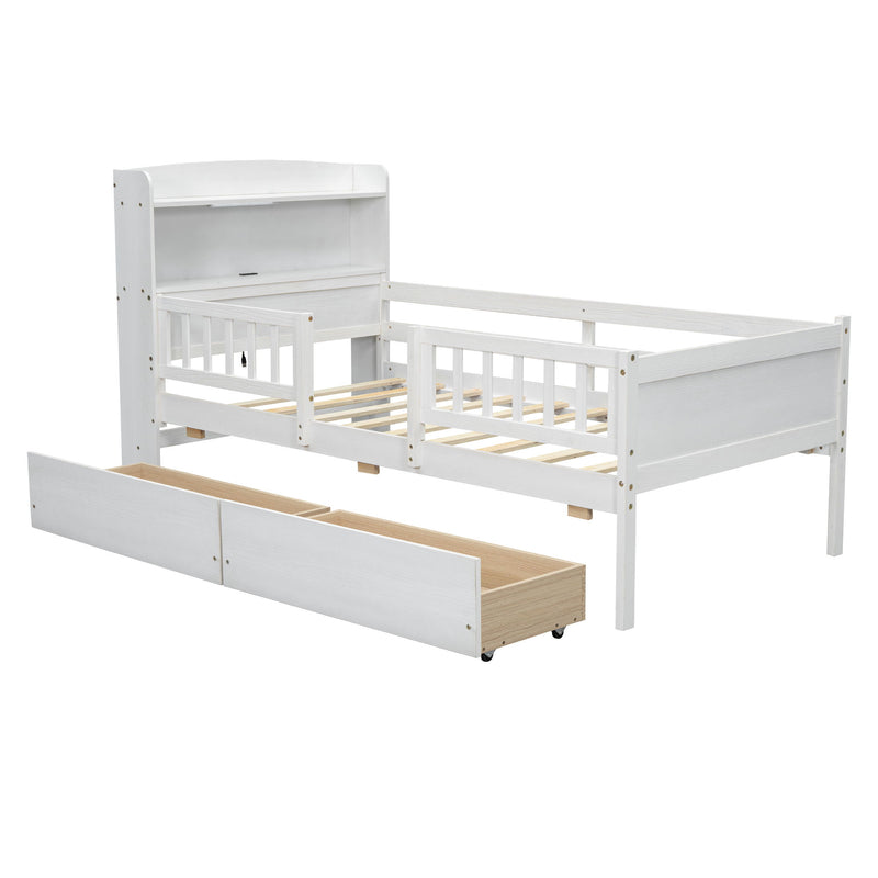 Platform Bed With LED Light, Multi Functional Headboard, Guardrail And 2 Drawers