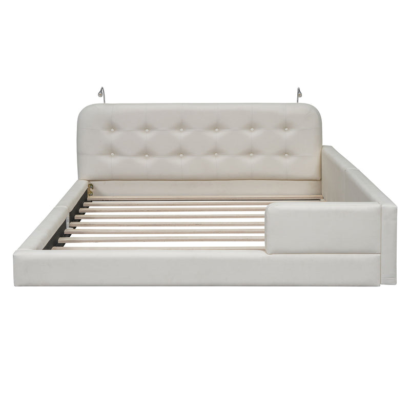 Queen Size Upholstered Platform Bed With 2 Reading Lights - White