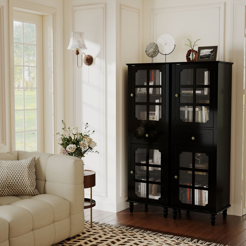 Storage Cabinet, Freestanding Curio Cabinet With Grid Doors & Drawer, Pantry Display Cabinet For Kitchen