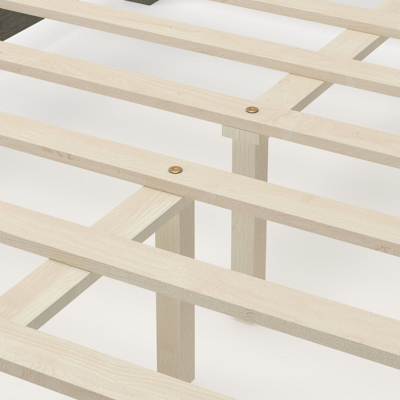 Farmhouse Platform Bed Frame With Tall Linen Upholstered Headboard