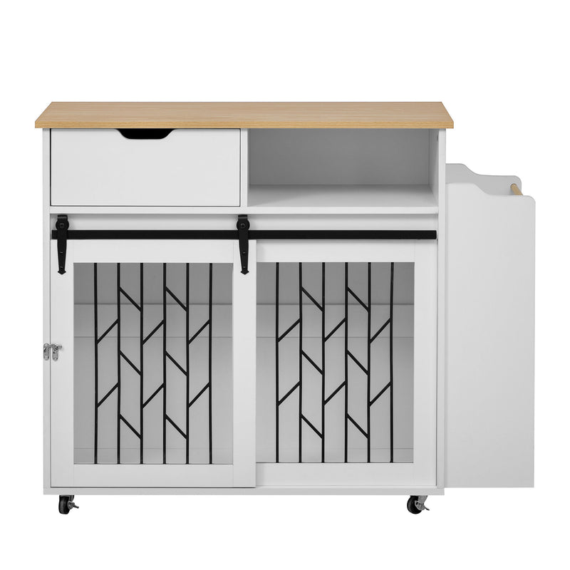 Modern Style 2 In 1 Pet Friendly Dog Crate Kitchen Island End Table Metal Pine - Natural / White