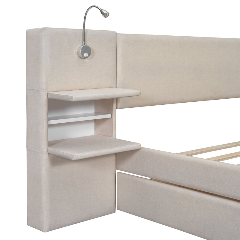 Upholstered Platform Bed With Reading Lights, Drawers, Trundle And Shelves