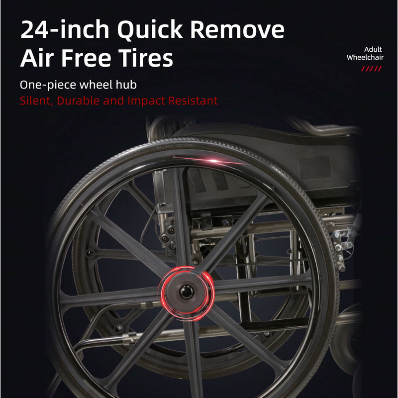Heavy Duty Manual Wheelchair With Double X Force Support 24" Non Inflatable Tires Foldable Transport Wheelchair With Quick Release Wheels 350Lbs Capacity - Black / Silver
