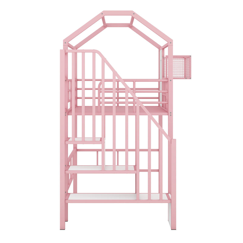Metal Loft Bed With Roof Design And Storage Box With Guardrails And Integrated Ladder