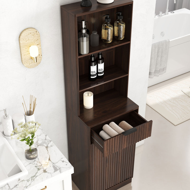 Tall Narrow Fluted Storage Cabinet With Trash Bin Compartment For Kitchen (Trash Can Not Included)
