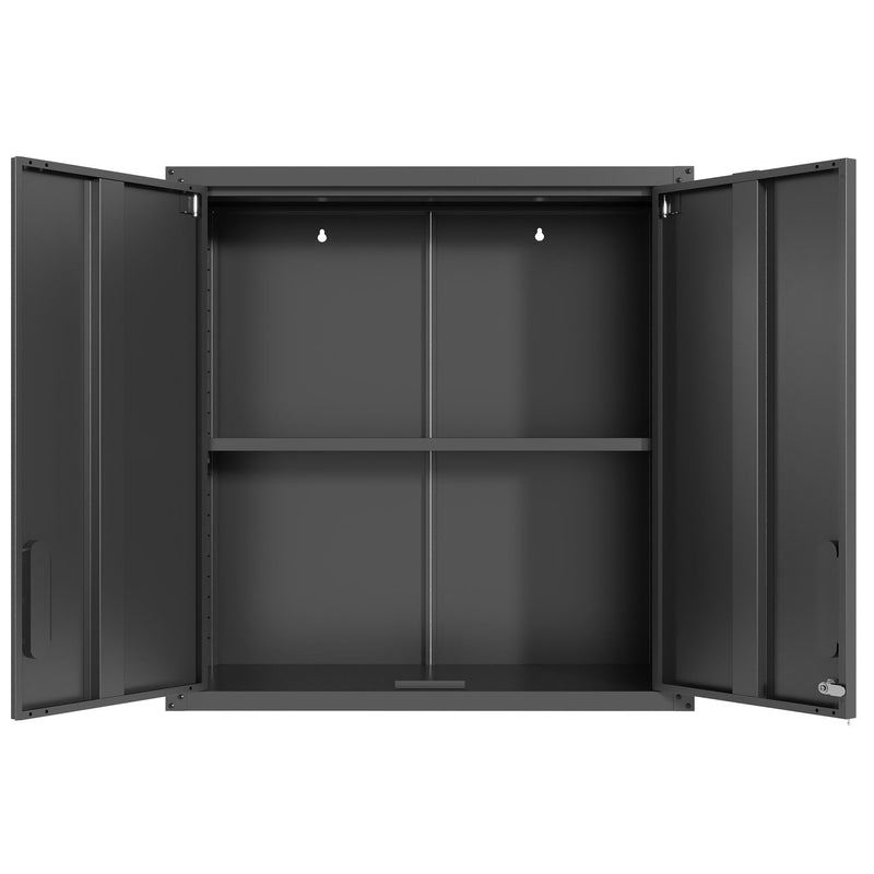 Metal Wall Mounted Tool Storage Cabinet With 2 Locking Doors, Adjustable Shelf, And Drawer
