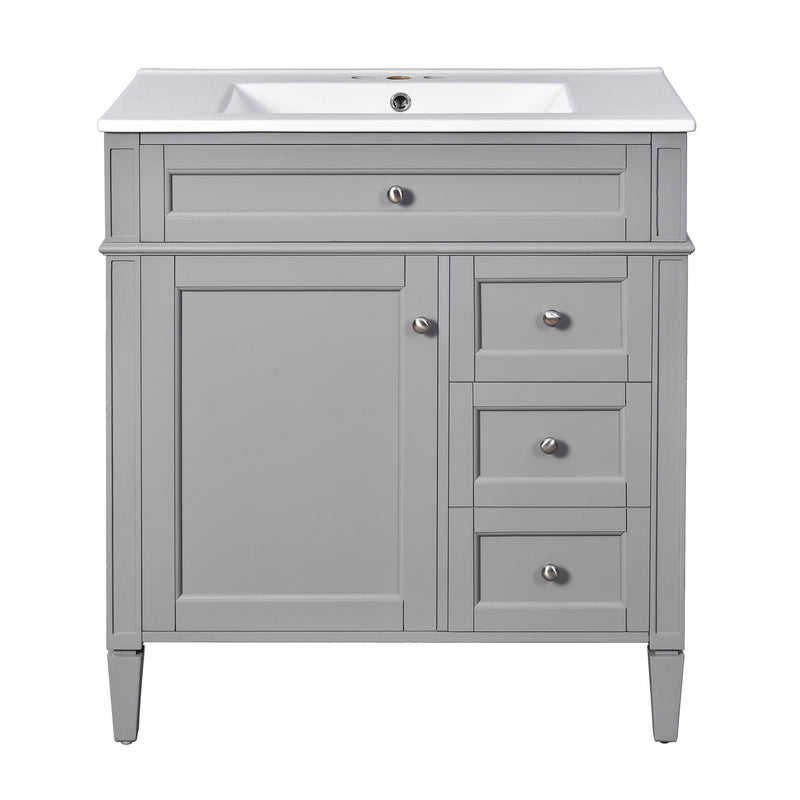 Bathroom Vanity With Top Sink, Freestanding Storage Cabinet With 2 Doors And 3 Drawers, Mirror Cabinet Included - Gray