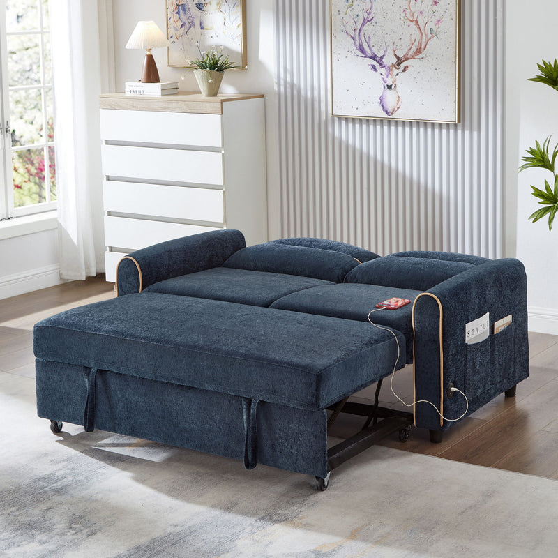 Pull Out Sofa Bed With Adjustable 3 Position Backrest, USB Charging Ports, Side Pockets