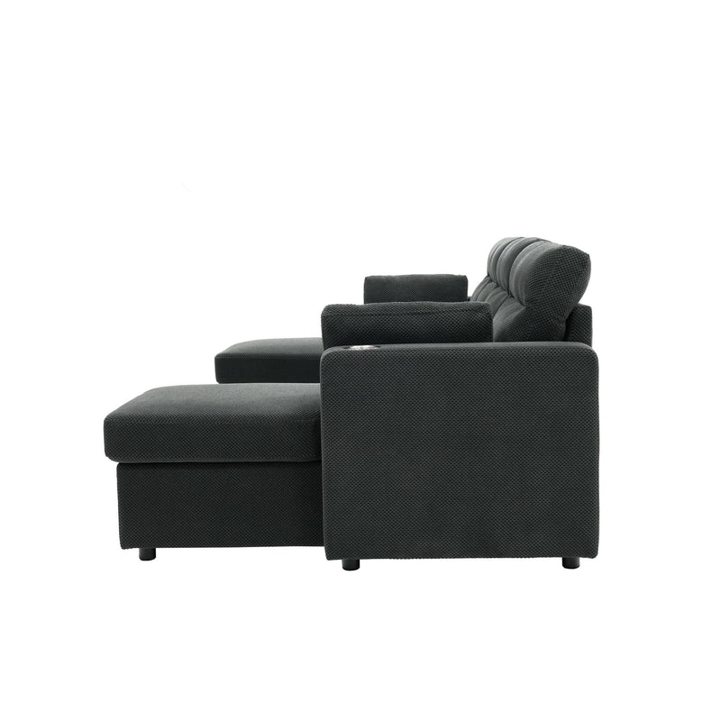 Convertible Sectional Sofa With Storage Chaise, Cup Holders And Pull Out Sleeper