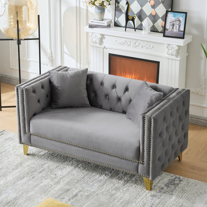 2 Seater Deep Seat Sofa With Button Nailhead, Square Arm