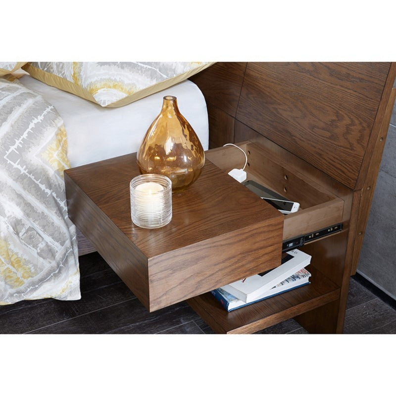 Queen Size Bed With Attached Nightstands And Hidden Storage - Pecan