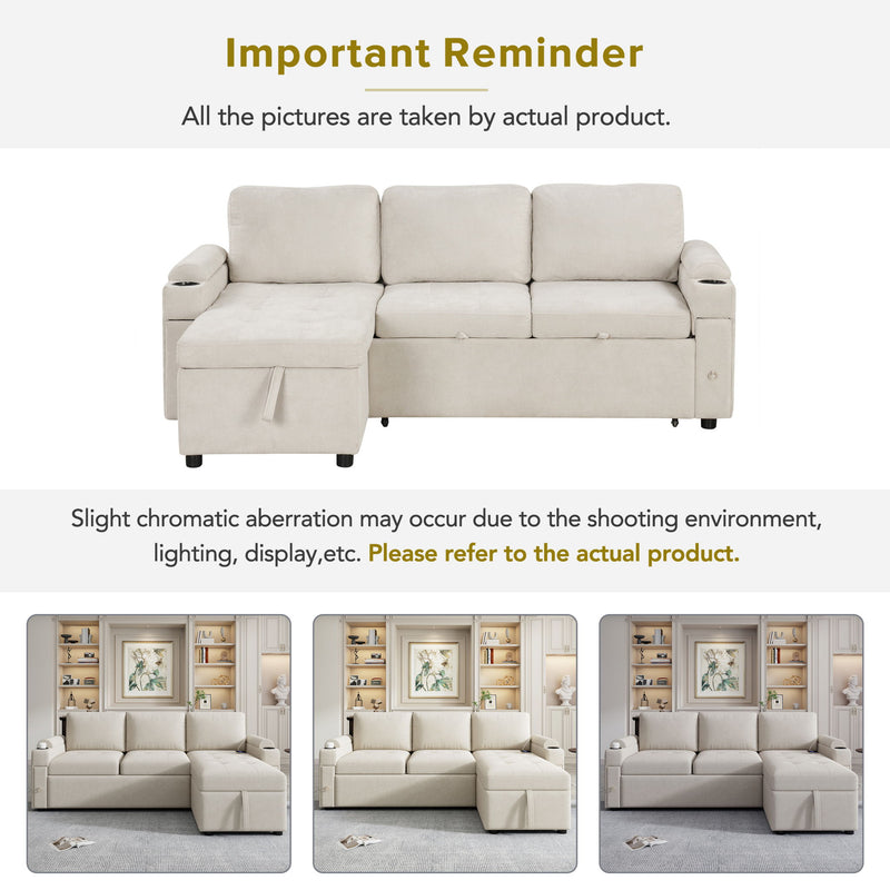 Convertible L Shaped Sofa Couch With Storage, Cup Holders, USB Ports