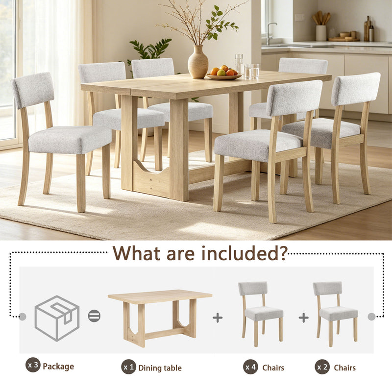 7 Piece Dining Table Set For 6, Rectangular Table With 6 Upholstered Chairs, Sturdy U - Shaped Base For Dining Room - Light Oak