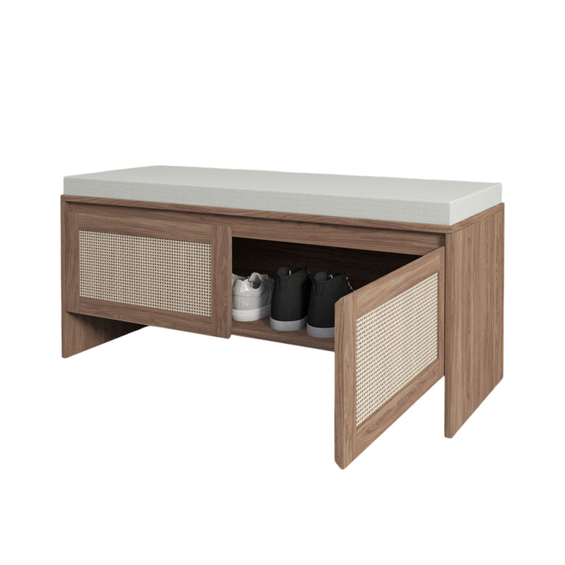 Storage Bench With Cushion, Shoe Cabinet With 2 Doors - Antique Natural / Rattan