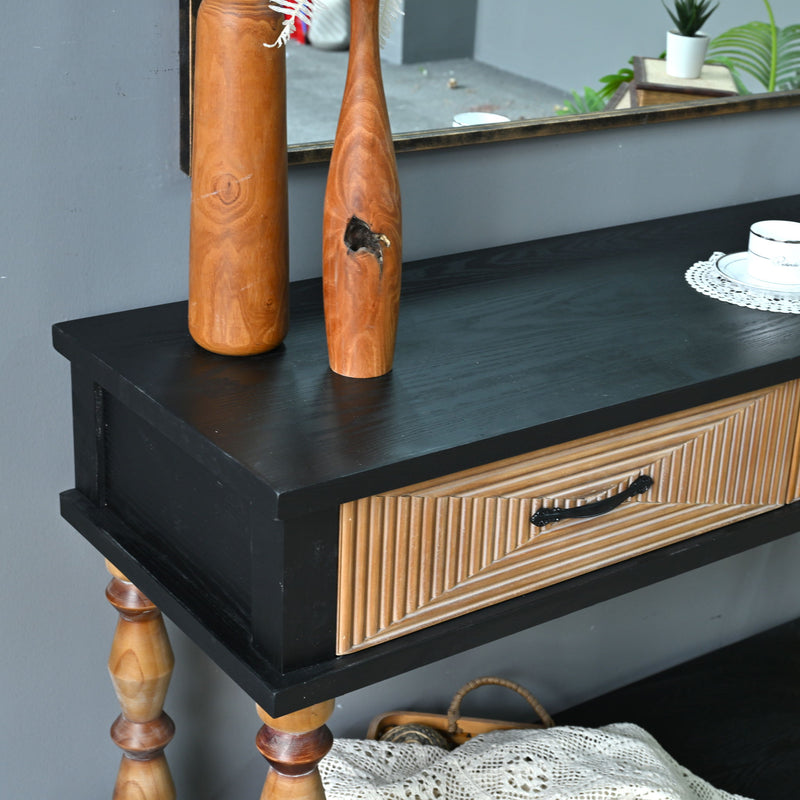 Accent Carved Console Table With Open Shelf And 2 Drawers Living Room - Black / Natural Wood Wash
