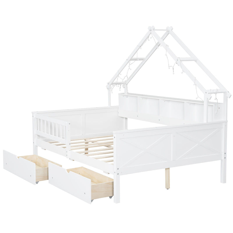 House Style Platform Bed With LED Lights, Storage Shelves, Drawers, And Guardrail