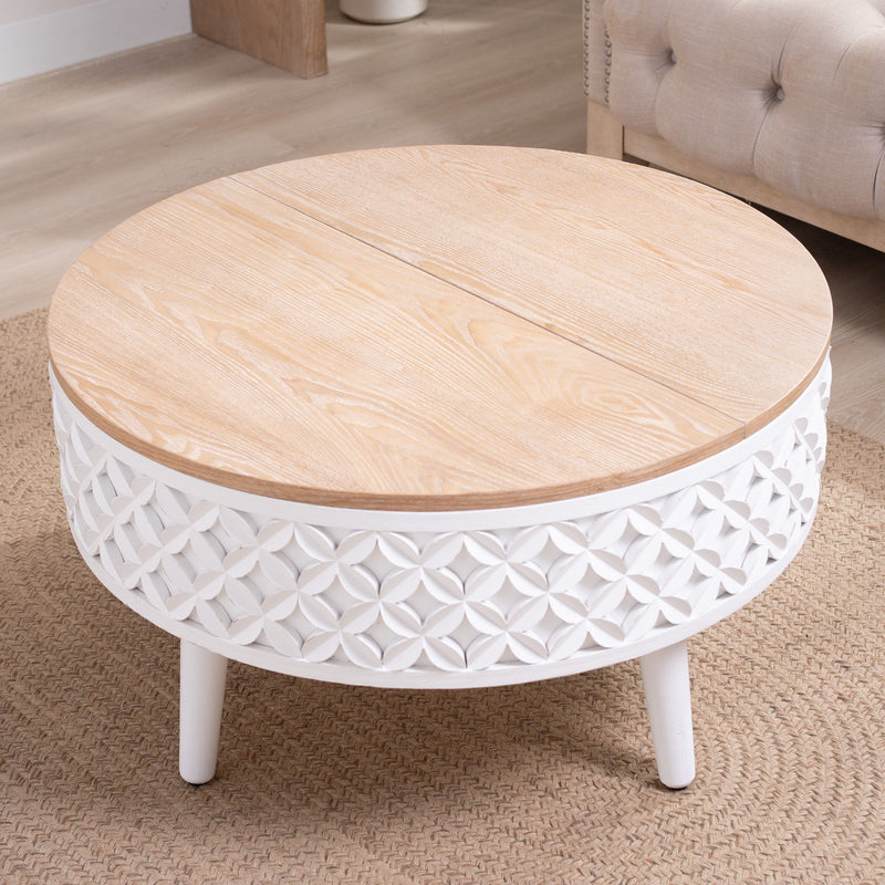 Round Coffee Table With Storage - White / Light Oak