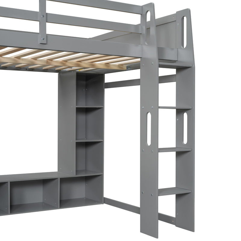 Full Size Gaming Loft Bed With Desk, Multi Storage Shelves, LED Lighting, And Hanging Clothes Rack - Gray