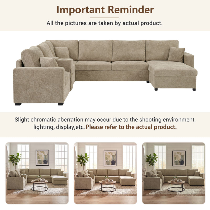 Modular 5 Seat U-Shape Sectional Sofa With Chaise Lounge, Built In Cup Holders And Storage Drawer