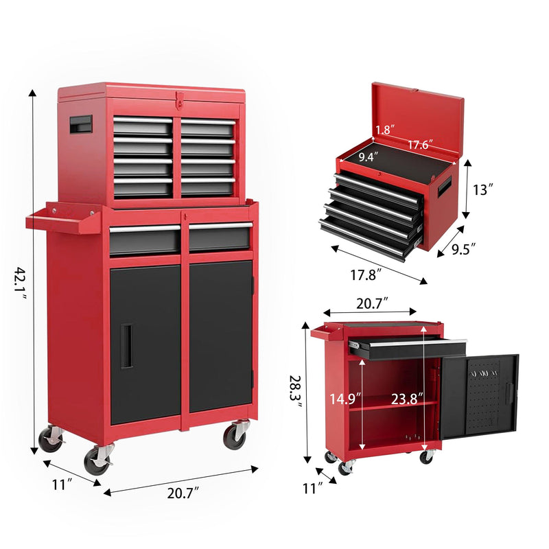 Tool Chest, 5 Drawer Rolling Tool Storage Cabinet With Detachable Top Tool Box, Liner, Universal Lockable Wheels, Adjustable Shelf, Locking Mechanism, Metal Tool Cart For Garage Workshop