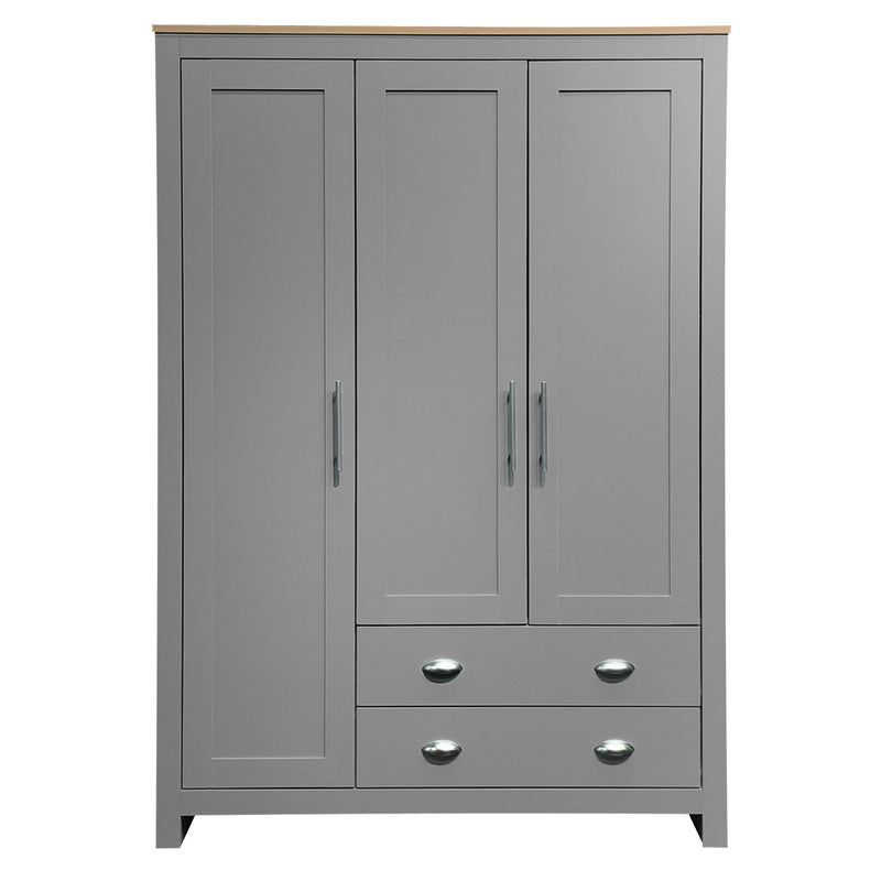 3 Door Storage Wardrobe With Cabinets And 2 Hanging Rods - Gray