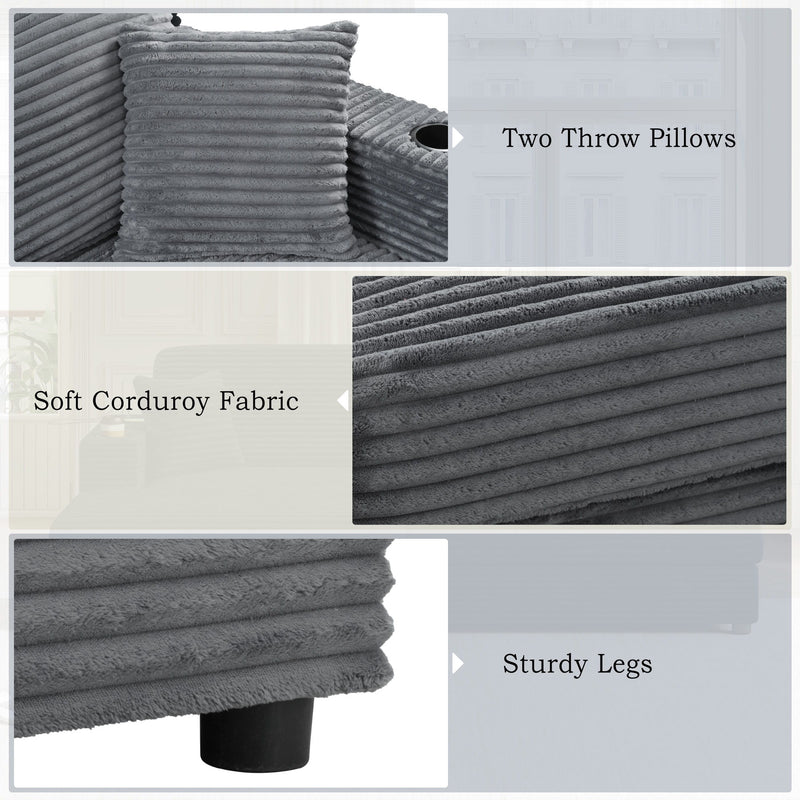 Oversized Loveseat Chaise With 2 USB Ports, 2 Cup Holders And 2 Throw Pillows