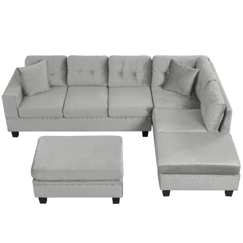 Modern Sectional Sofa With Storage Ottoman, L - Shape Couch With 2 Pillows And Cup Holders