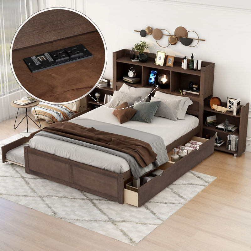 Storage Platform Bed With Pull Out Shelves, Trundle, And 2 Drawers