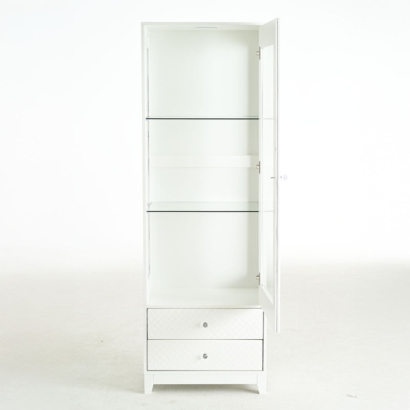 Modern Upholstered Glass Display Cabinet With Adjustable LED Light - White