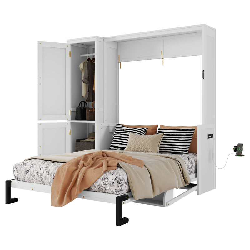 Queen Size Murphy Bed With Wardrobe, Space-Saving Hidden Wall Bed With Desk And Charging Station - White