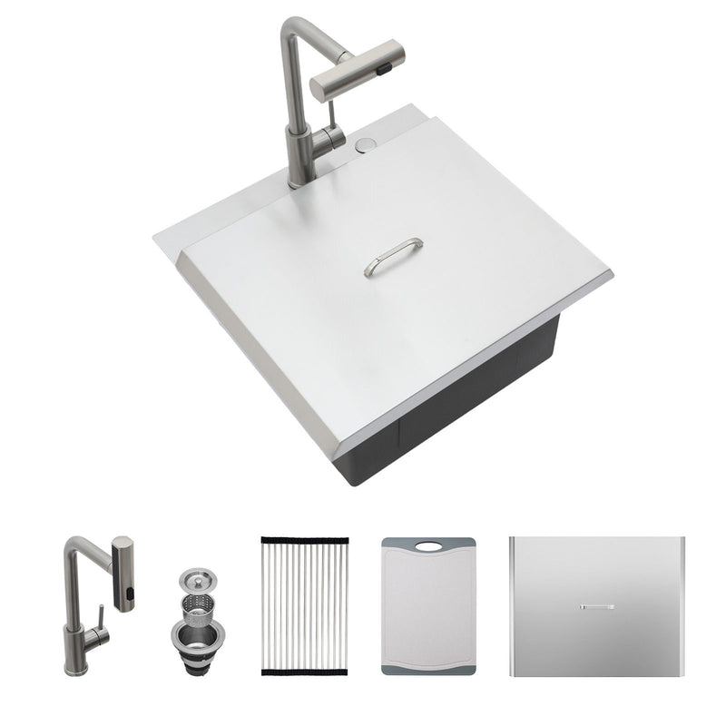 21" Drop In Kitchen Sink With Pull Out Faucet And Sink Cover, 16 Gauge - Brushed Nickel