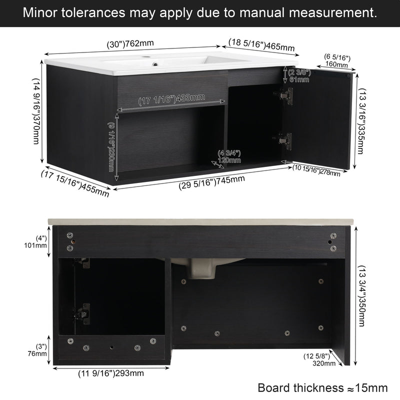 Wall Mounted Floating Bathroom Vanity With Open Shelf & Soft Close Door