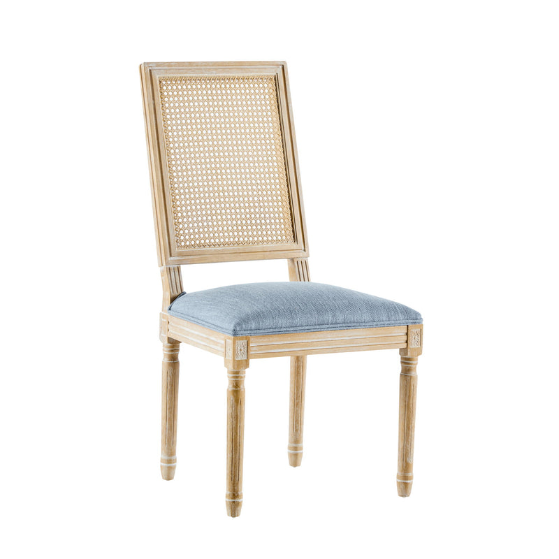 French Country Dining Chair With Rectangular Cane Backrest And Smooth Upholstered Seating