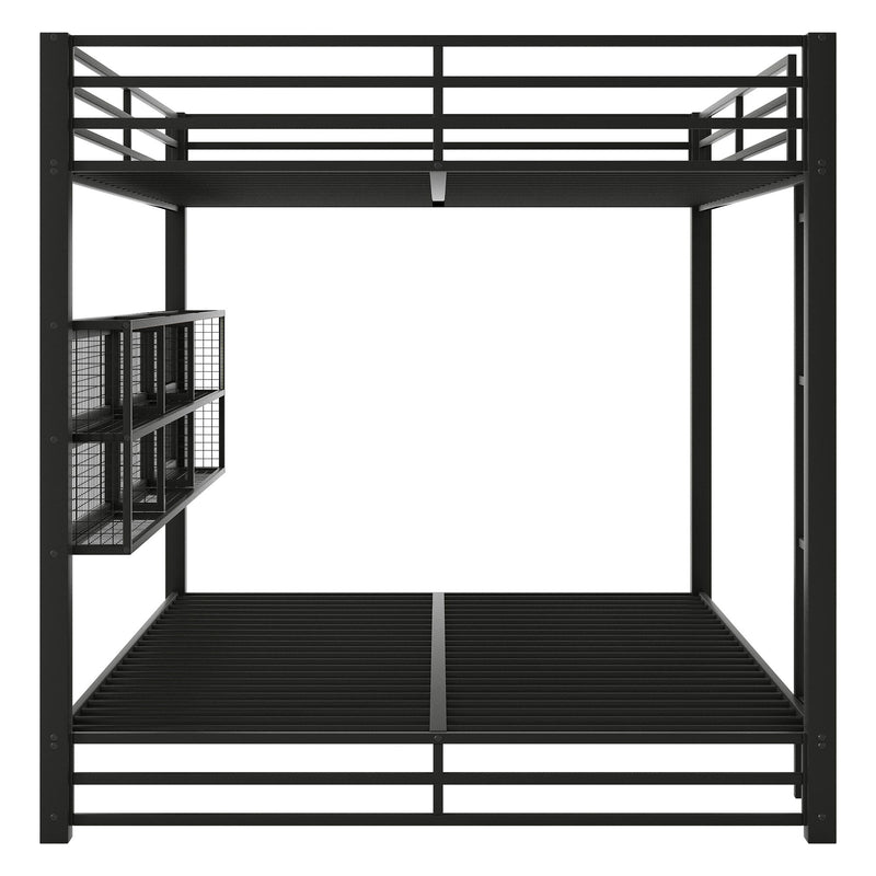 Queen Over Queen Bunk Bed With Storage Cabinets And LED Sturdy Frame, 6 Storage Units, Adjustable LED Lights - Black